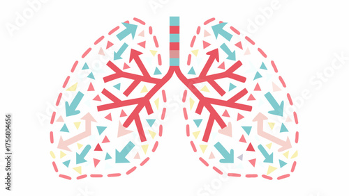 Stylized representation of human lungs with internal branching and directional arrows indicating airflow silhouette