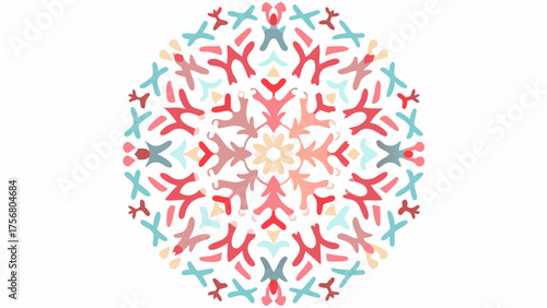 A colorful radial pattern with abstract shapes arranged symmetrically around a central element design silhouette