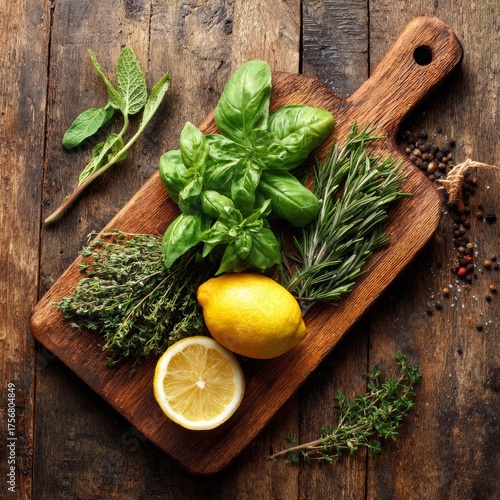 Fresh Herbs and Lemon on Wooden Cutting Board with Natural Texture