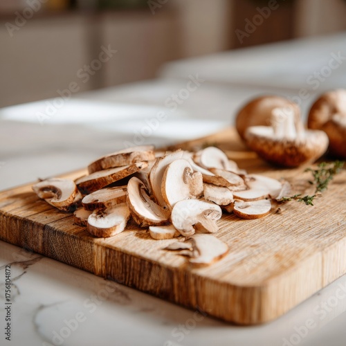 Fresh Mushroom Slices on Wooden Cutting Board with Soft Background