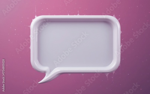 Rectangular glossy 3D chat bubble with soft reflections on a purple background, representing messaging and creativity.