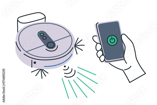 Robot vacuum cleaner and hand holding smartphone with power button on screen, flat cartoon vector illustration for smart home, cleaning technology and household automation design
