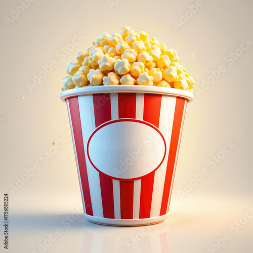 3D popcorn bucket with red stripes filled with popcorn, symbolizing cinema, fun, and entertainment.