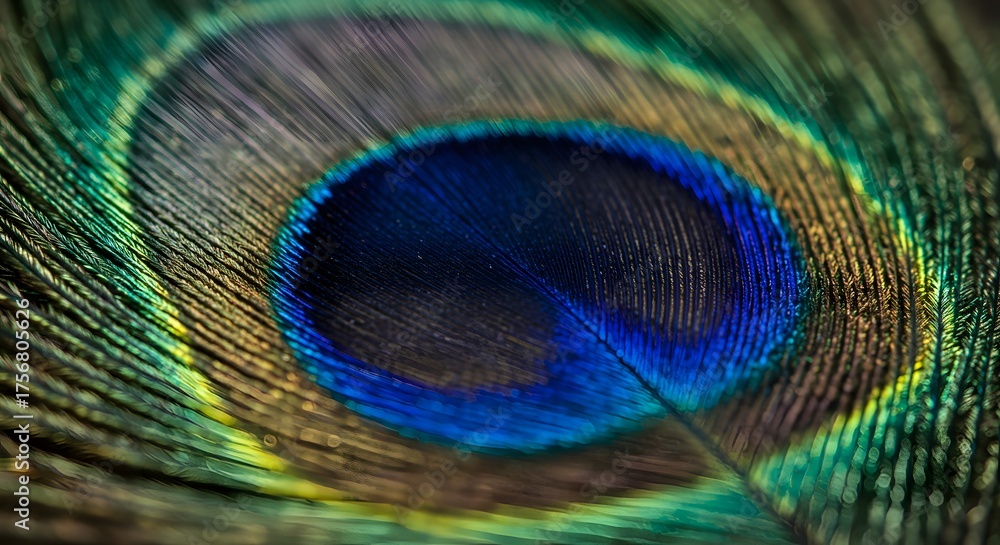 Obraz premium Closeup of a peacock feather highlighting the iridescent blue eyespot surrounded by green brown and gold filaments
