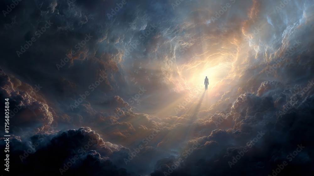 Fototapeta premium Soul ascends through celestial clouds toward divine light on a spiritual journey