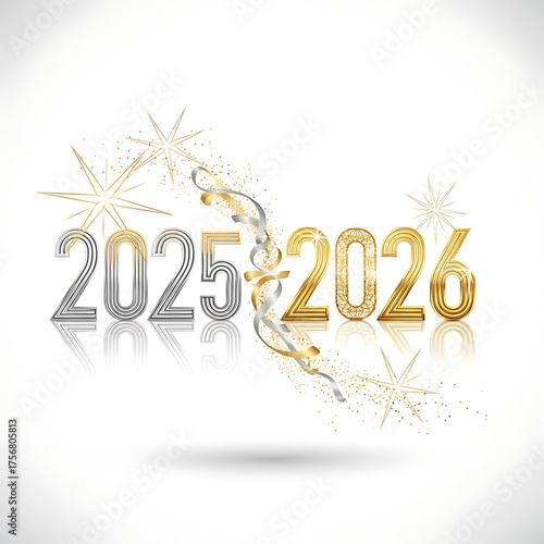 Festive 2025 2026 typography with reflection and golden stars