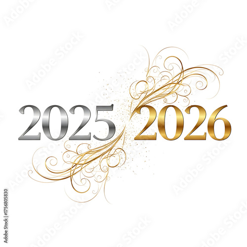 Silver and gold 2025 2026 flourish New Year art on white background