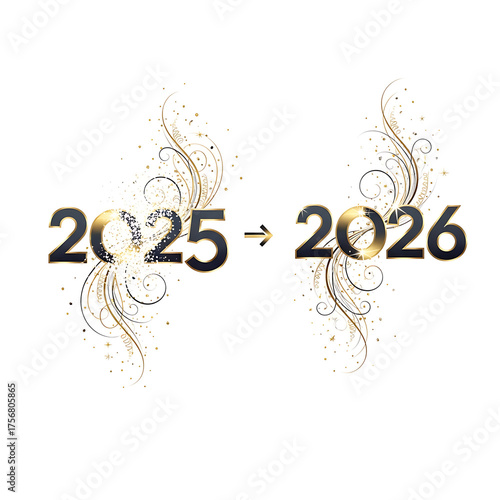 Elegant black and gold 2025 2026 typography with sparkling flourishes
