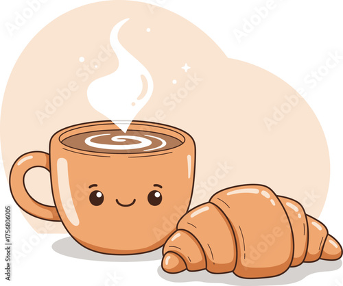 Kawaii coffee cup and croissant cute breakfast food illustration for joyful mornings isolated on transparent background Vector
