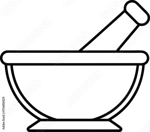 Mortar and pestle minimal line art herbal tool illustration isolated on white background
