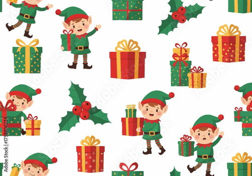 Christmas Elves and Gifts Seamless Pattern.