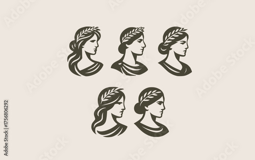A collection of elegant vector illustrations featuring Roman empress and Greek goddess profiles with laurel crowns