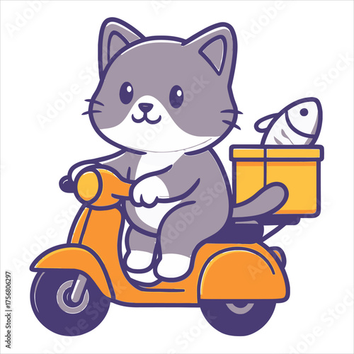 Cartoon Gray Cat Delivering Fish on a Yellow Scooter with Purple Accents.