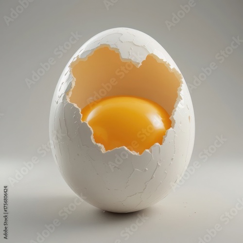 3D cracked egg with visible yolk, symbolizing freshness, food ingredient, and cooking concept.