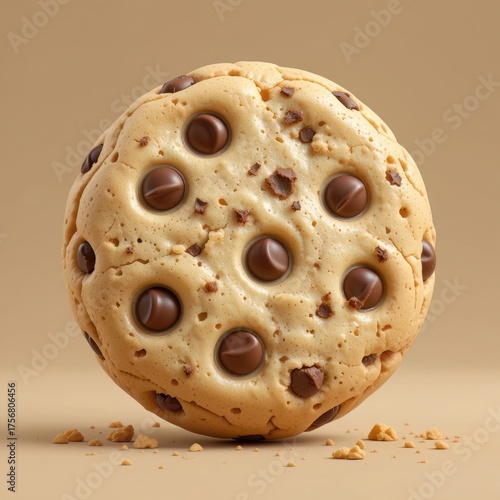 Realistic 3D chocolate chip cookie with detailed texture, representing sweetness, snack, and indulgence.
