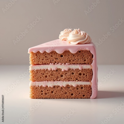3D slice of pink cream cake, representing dessert, celebration, and sweetness.