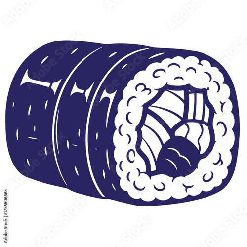 Delicious japanese maki sushi roll illustration in dark blue and white colors