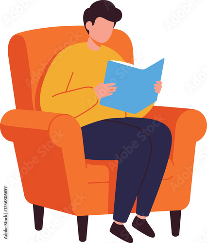 Person reading book in comfortable orange armchair relaxing lifestyle leisure activity illustration isolated on transparent background Vector