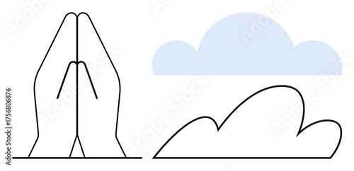 Hands joined in prayer with a light blue cloud symbolizing calmness, spirituality, and hope. Ideal for themes thumbs up meditation, religion, inner peace, connection, mindfulness, gratitude