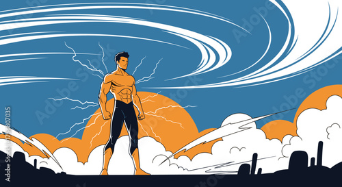 A powerful hero stands strong against a swirling sky and dramatic landscape.
