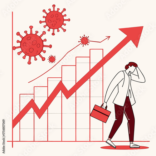 Vector illustration of economic downturn concept with covid-19 virus and declining business graph