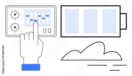 Hand interacting with control panel sliders, battery status, and a cloud icon. Ideal for technology, innovation, mobility, cloud computing, renewable energy IoT and control systems. Simple flat