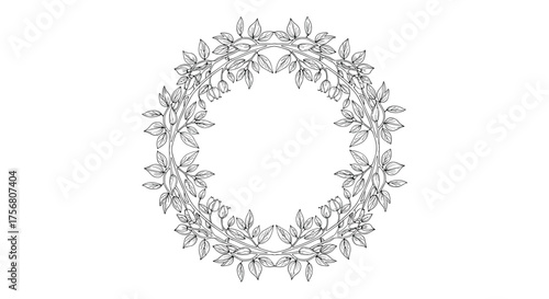 A circular wreath of intricate foliage and delicate floral elements forms a festive and natural decorative design.