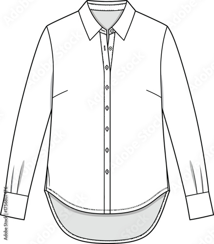 Classic long sleeve button down shirt fashion flat drawing for apparel design and technical sketches isolated on transparent background Vector