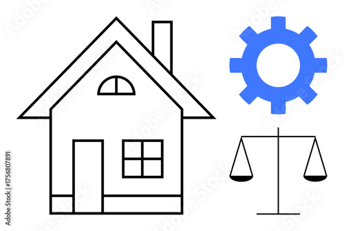 House outline next to a gear and scales symbolizing home systems, efficiency, justice, and decision-making. Ideal for real estate, law, home management, repair, sustainability balance integration