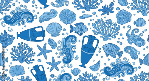 A whimsical collection of marine life and ancient amphorae in vibrant blue hues creating a delightful ocean pattern.