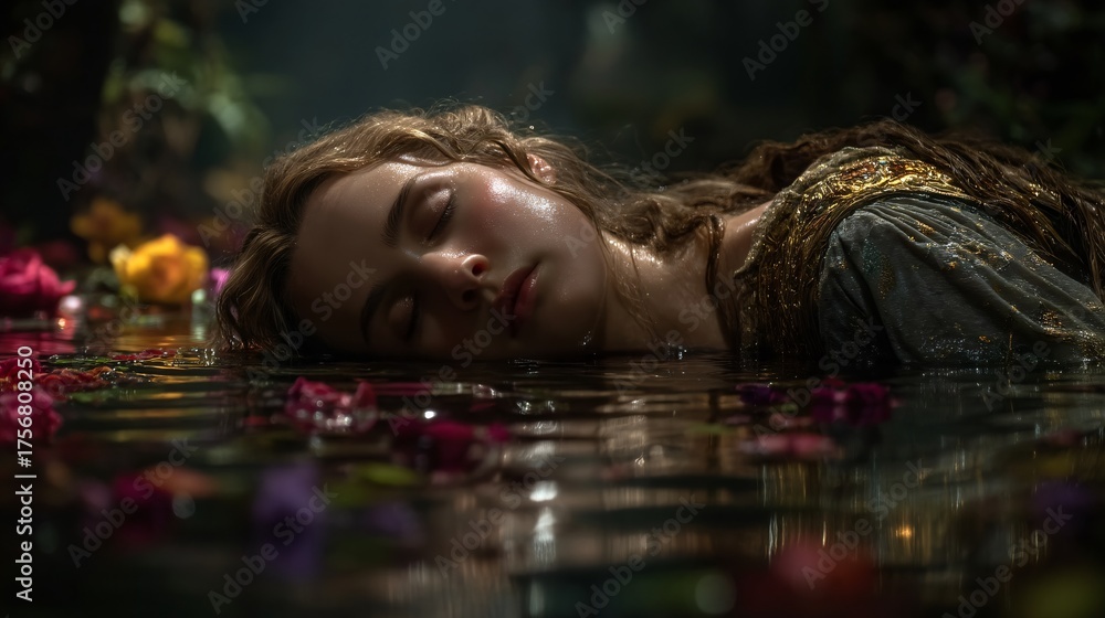 Fototapeta premium Ethereal Beauty of Young Woman in Water Surrounded by Flowers