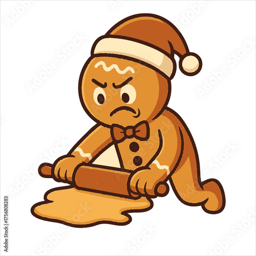 Grumpy Gingerbread Man in Santa Hat Rolling Dough with Rolling Pin.