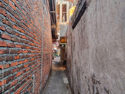 A long, narrow alley (passageway) features unplastered red brick walls on the left and plain plastered walls on the right, with a herringbone-patterned paving block floor.