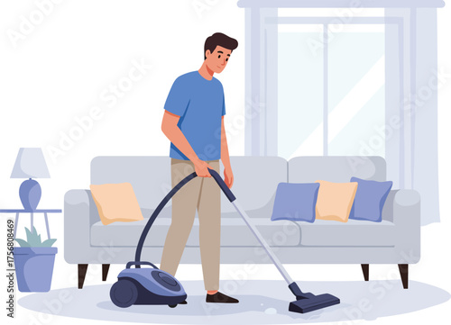 Man vacuuming carpet in modern living room cleaning housekeeping domestic chores isolated on transparent background Vector
