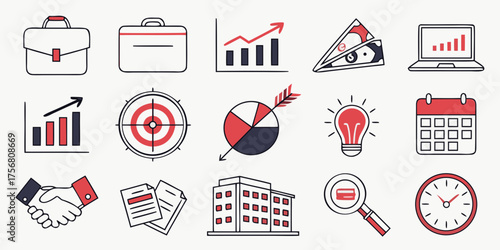 Business and office icon set with briefcase, chart, laptop, handshake, idea bulb, teamwork, and target flat vector design icon set with briefcase, chart, laptop, handshake, idea bulb.