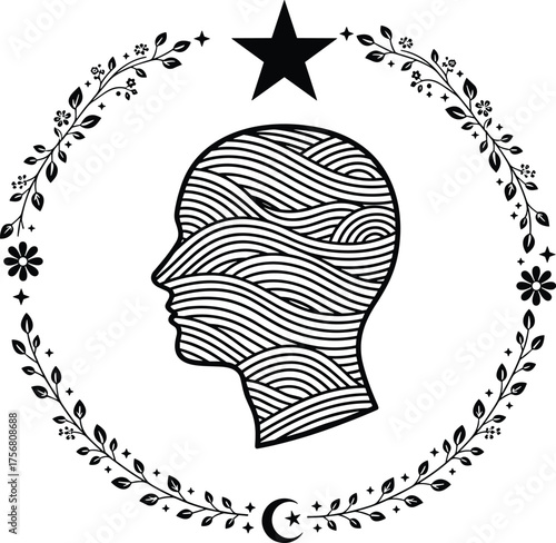Mystical profile silhouette of a head with wavy lines inside surrounded by a laurel wreath and celestial symbols