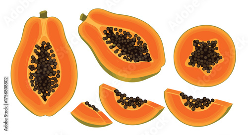 Freshly cut exotic fruit showing vibrant orange flesh and black seeds.