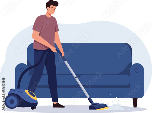 Man vacuuming living room sofa and floor for home cleaning and housekeeping services isolated on transparent background Vector