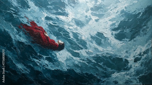 Woman in Red Dress Floating on Turbulent Ocean Waves Serenity