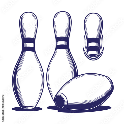 Classic hand drawn illustration of bowling pins and ball in a detailed vintage style