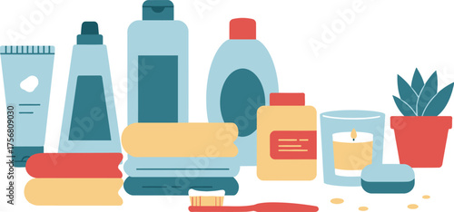 Collection of bathroom hygiene and cleaning products bottles tubes soap toothbrush plant isolated on transparent background Vector
