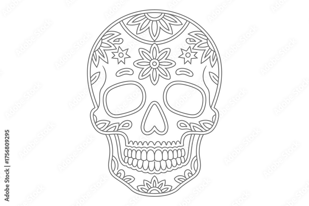 Fototapeta premium Intricate black and white sugar skull design with floral and geometric patterns