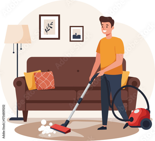 Man vacuuming carpet in cozy living room with sofa and artwork home cleaning scene isolated on transparent background Vector