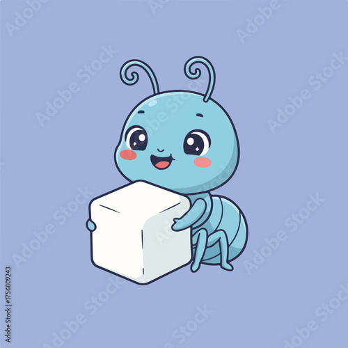 A cartoon of an adorable blue ant cheerfully carries a large white sugar cube, set against a soft blue background.
