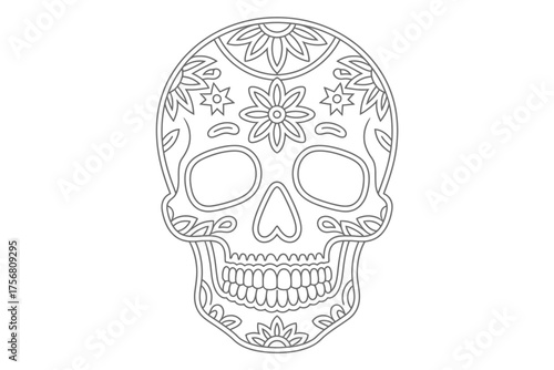 Intricate black and white sugar skull design with floral and geometric patterns