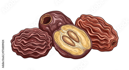 A close up illustration of dried pitted raisins and a halved date.