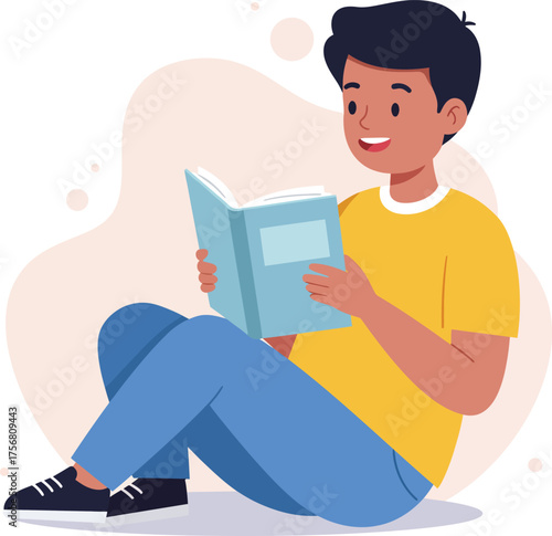 Young boy happily reading a book sitting down enjoying knowledge and imagination isolated on transparent background Vector
