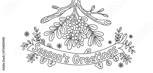 Vintage hand drawn mistletoe and banner with season s greetings