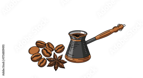 Freshly brewed coffee with roasted beans and star anise.
