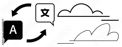 Arrows connect text bubbles labeled A and a Chinese character, symbolizing language translation. Abstract cloud shapes suggest seamless communication. Ideal for global communication, technology